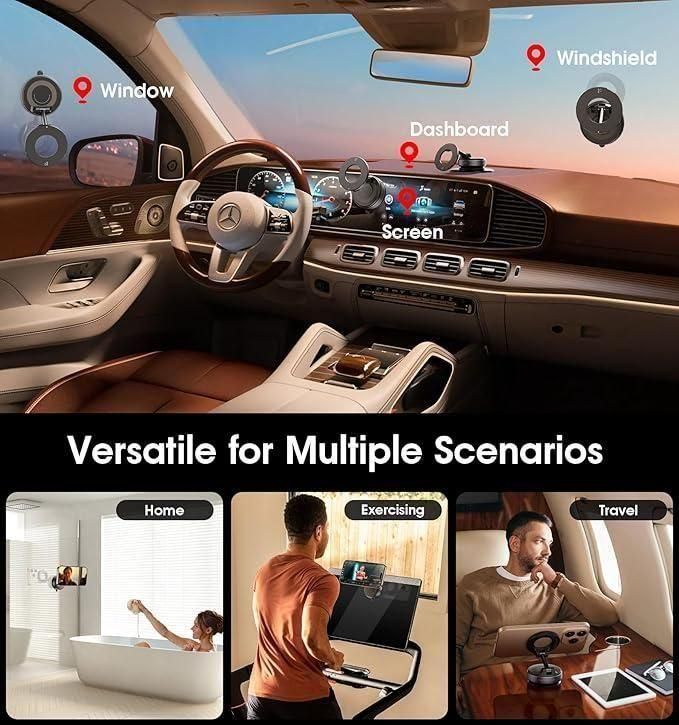 Car interior with a screen displaying various scenarios like home, exercising, and travel.