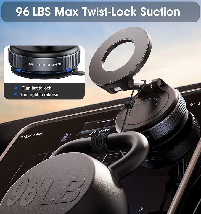 96 LBS Max Twist-Lock Suction cup with close-up details on a car dashboard.