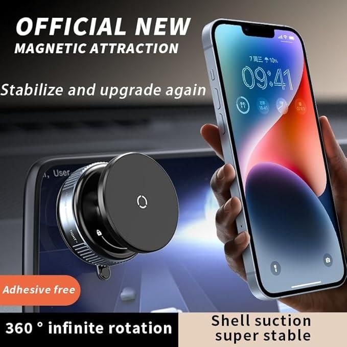 Phone holder with magnetic attraction feature, showing phone stabilization and rotation capabilities.
